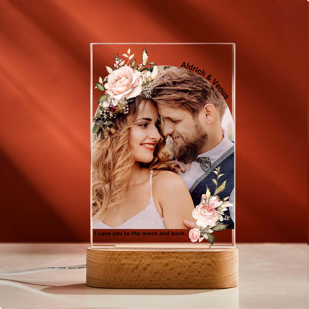 Personalisierter Fotodruck Mit Blumen Bunte Lampe Personalisiertes Acryl Nachtlicht Verlobungsgeschenk - meinemondlampe