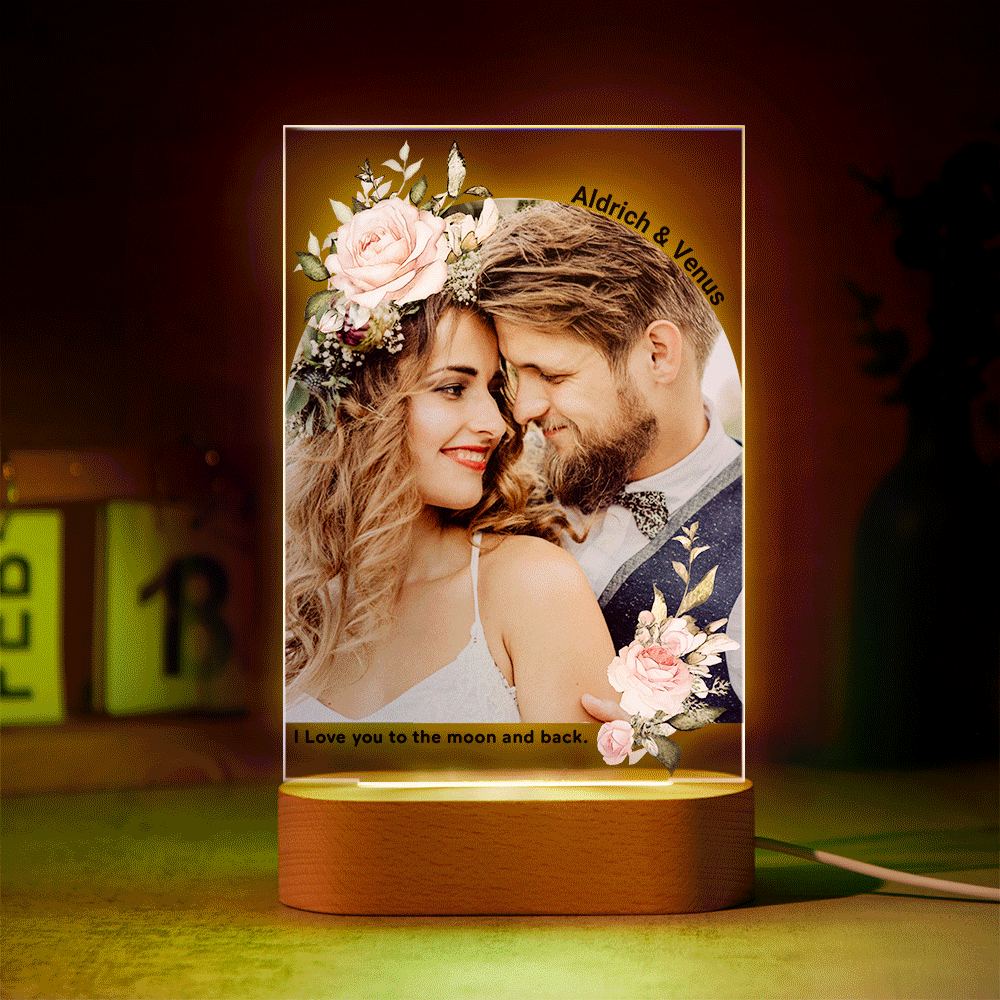 Personalisierter Fotodruck Mit Blumen Bunte Lampe Personalisiertes Acryl Nachtlicht Verlobungsgeschenk - meinemondlampe