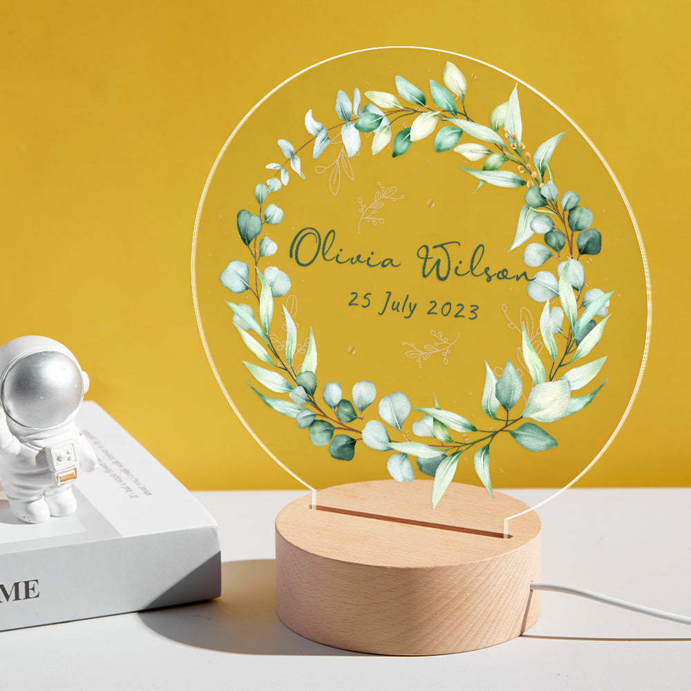 Personalisiertes Babynamen-nachtlicht, Individueller Grüner Kranz, Babyzimmer-dekoration - meinemondlampe