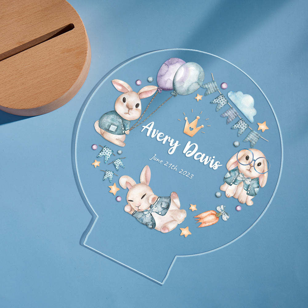 Die Besten Geburtstagsgeschenke Für Babys, Personalisiertes Süßes Kronen-kaninchen-nachtlicht, Individuelle Namensfahnen Und Ballon-tischlicht - meinemondlampe