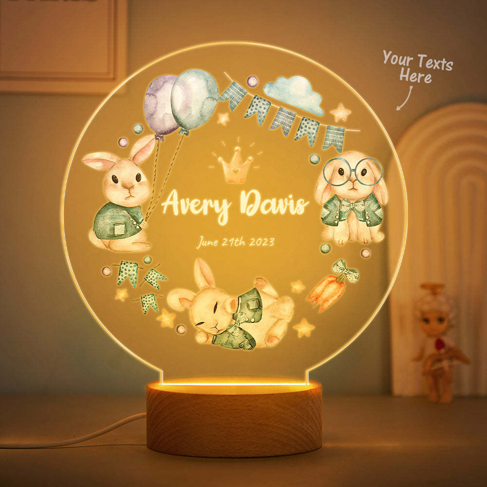 Die Besten Geburtstagsgeschenke Für Babys, Personalisiertes Süßes Kronen-kaninchen-nachtlicht, Individuelle Namensfahnen Und Ballon-tischlicht - meinemondlampe