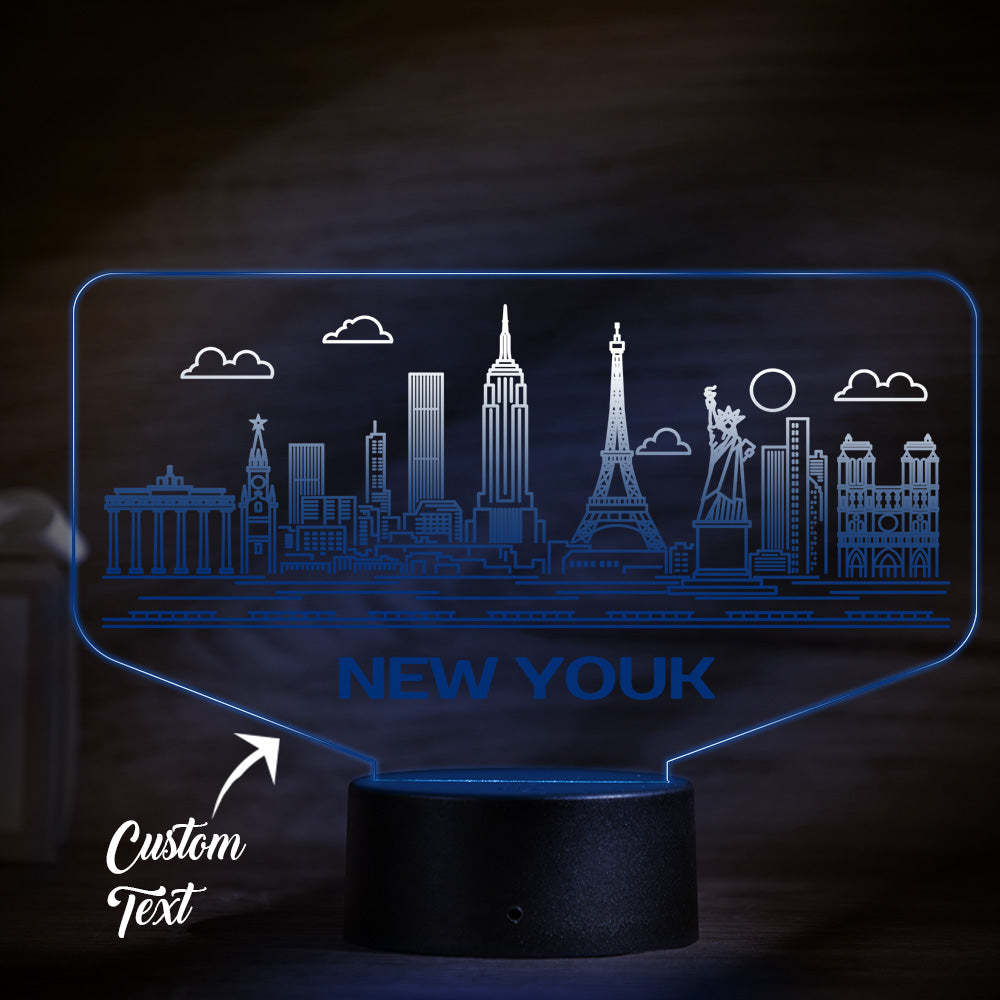 Benutzerdefinierter Name New York City Building 3d-nachtlicht, Personalisierte Atmosphäre, Schlafzimmer-tischlampe, Schönes 3d-nachtlicht Mit 7 Farbwechseln - meinemondlampe