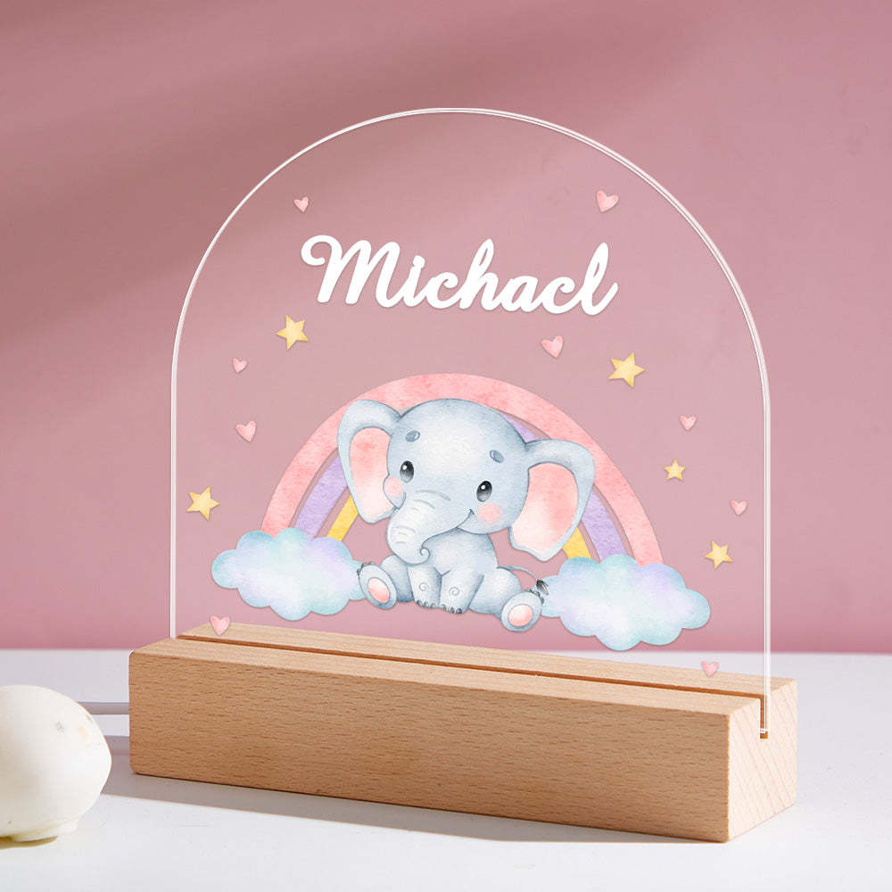 Benutzerdefinierte Name Elefant Kinder Nachttischlampe Personalisierte Tier Acryl Led Nachtlicht Geschenk Holzsockel Baby Geschenk - meinemondlampe