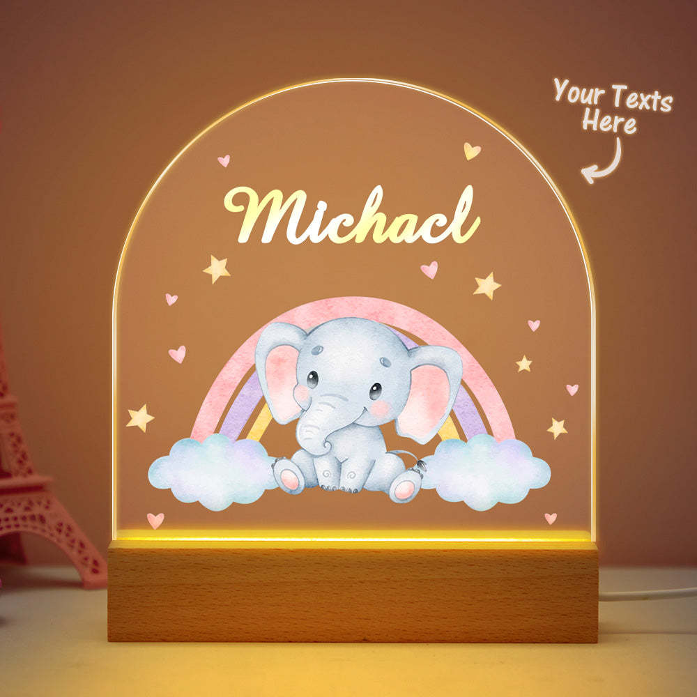 Benutzerdefinierte Name Elefant Kinder Nachttischlampe Personalisierte Tier Acryl Led Nachtlicht Geschenk Holzsockel Baby Geschenk - meinemondlampe