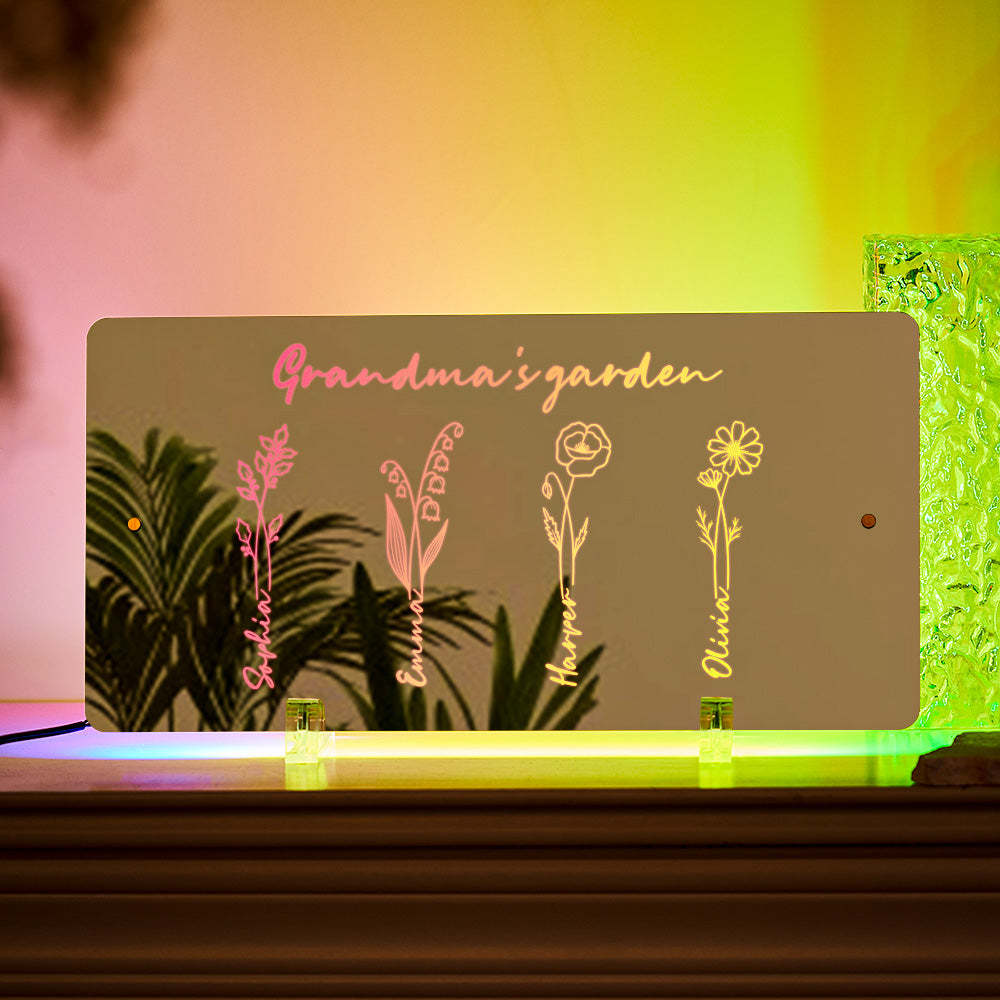 Personalisiertes Led-namensspiegellicht, Omas Gartenschild Mit Geburtsmonatsblume - meinemondlampe