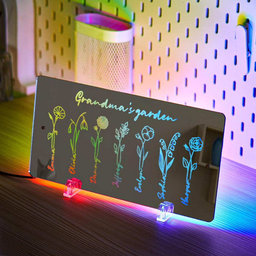 Personalisiertes Led-namensspiegellicht, Omas Gartenschild Mit Geburtsmonatsblume - meinemondlampe