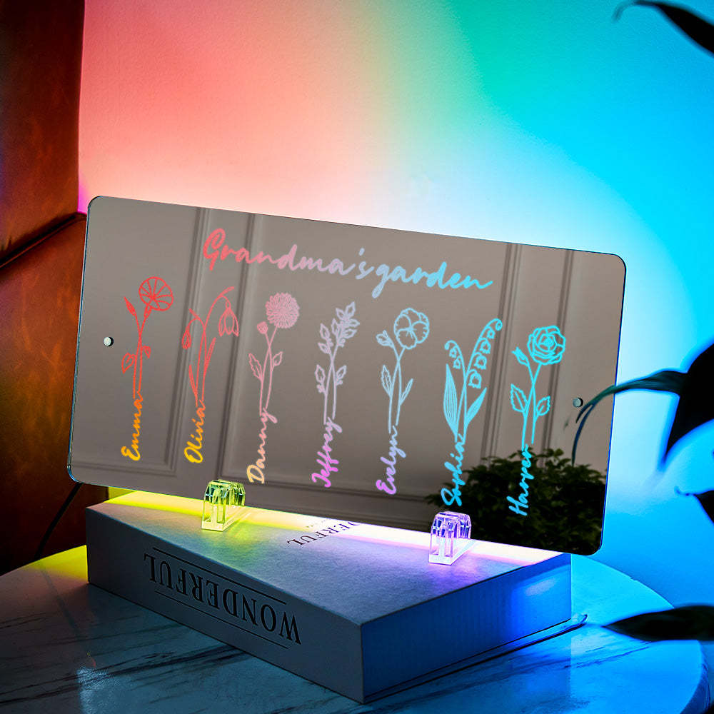 Personalisiertes Led-namensspiegellicht, Omas Gartenschild Mit Geburtsmonatsblume - meinemondlampe