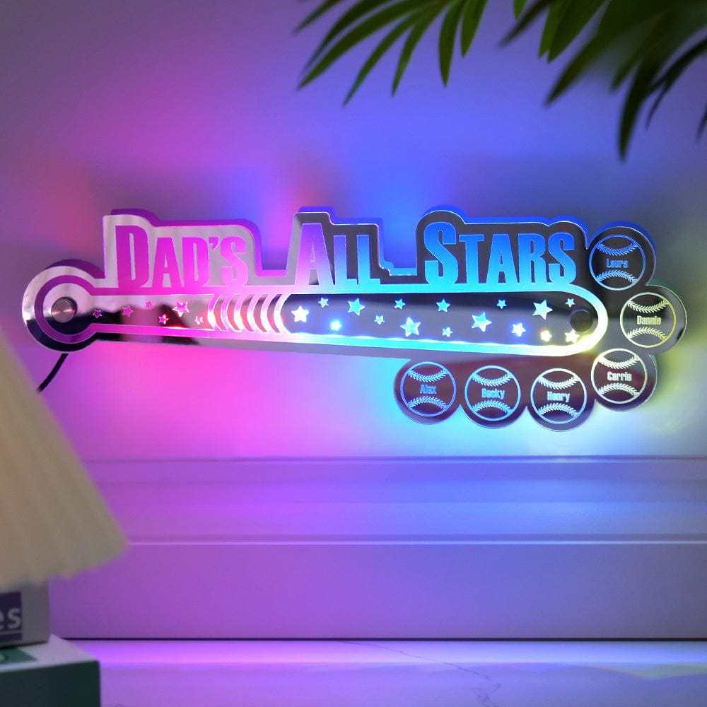Personalisiertes Baseball-spiegellicht Für Papa Mit Familiennamen, Personalisiertes Geschenk Für Papa - meinemondlampe