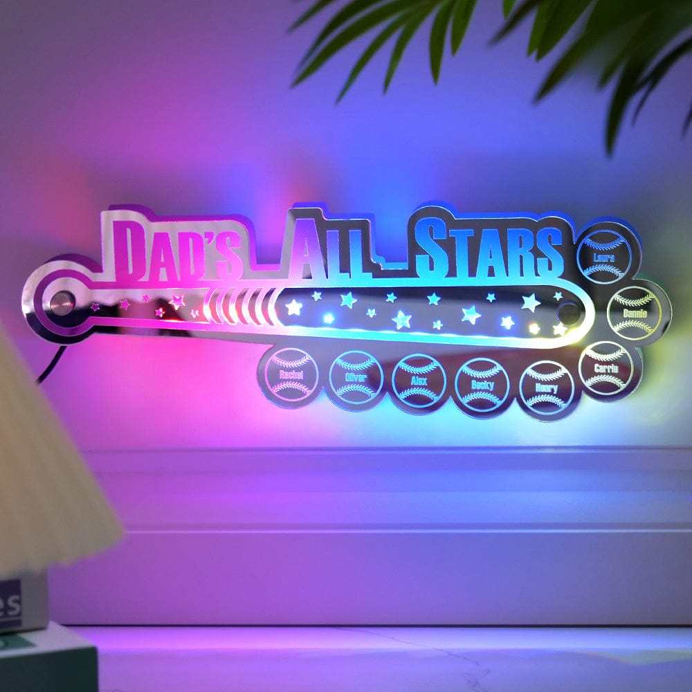 Personalisiertes Baseball-spiegellicht Für Papa Mit Familiennamen, Personalisiertes Geschenk Für Papa - meinemondlampe
