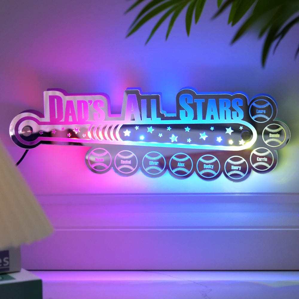 Personalisiertes Baseball-spiegellicht Für Papa Mit Familiennamen, Personalisiertes Geschenk Für Papa - meinemondlampe