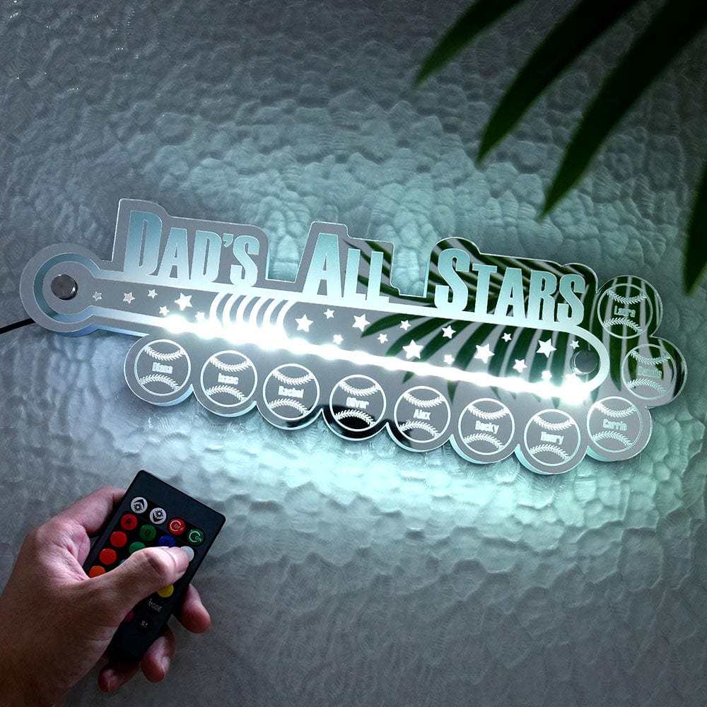 Personalisiertes Baseball-spiegellicht Für Papa Mit Familiennamen, Personalisiertes Geschenk Für Papa - meinemondlampe