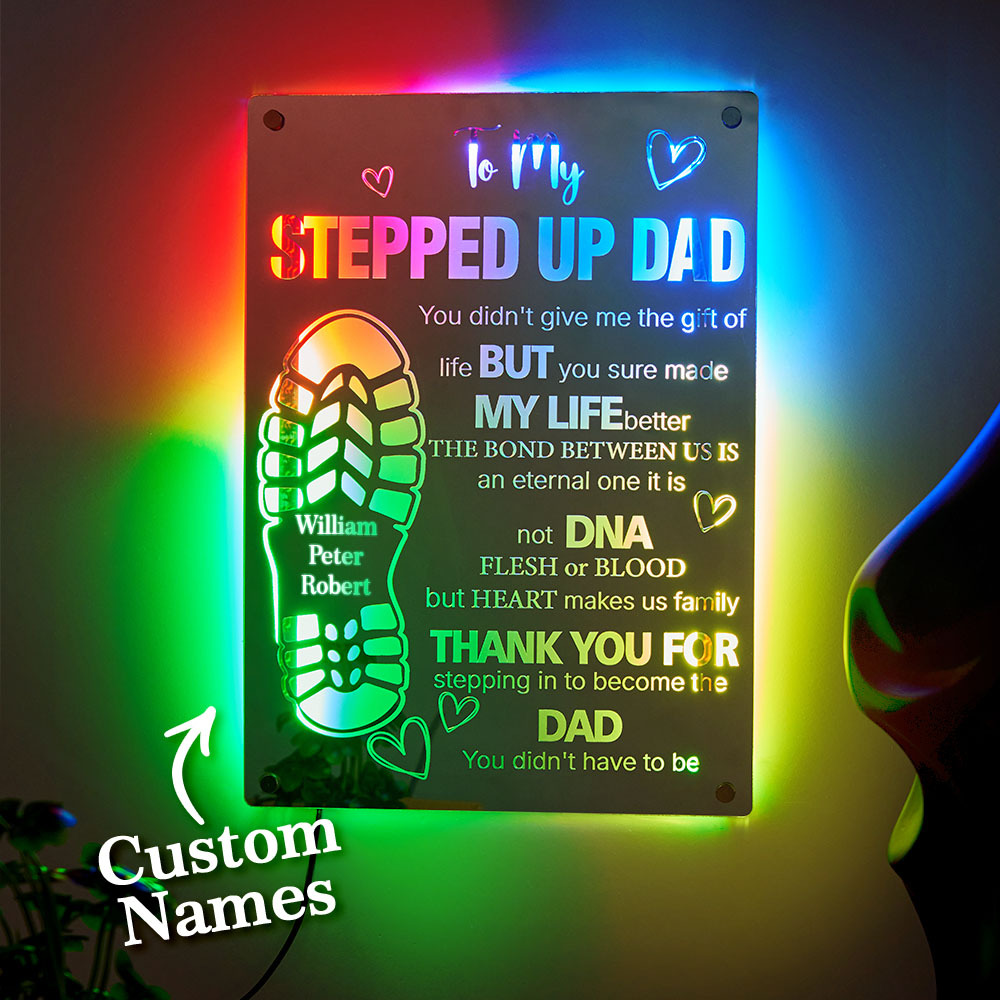 Personalisiertes Stepted Up Dad Spiegellicht Papas Fußabdruck Schild Geschenk Zum Vatertag - meinemondlampe