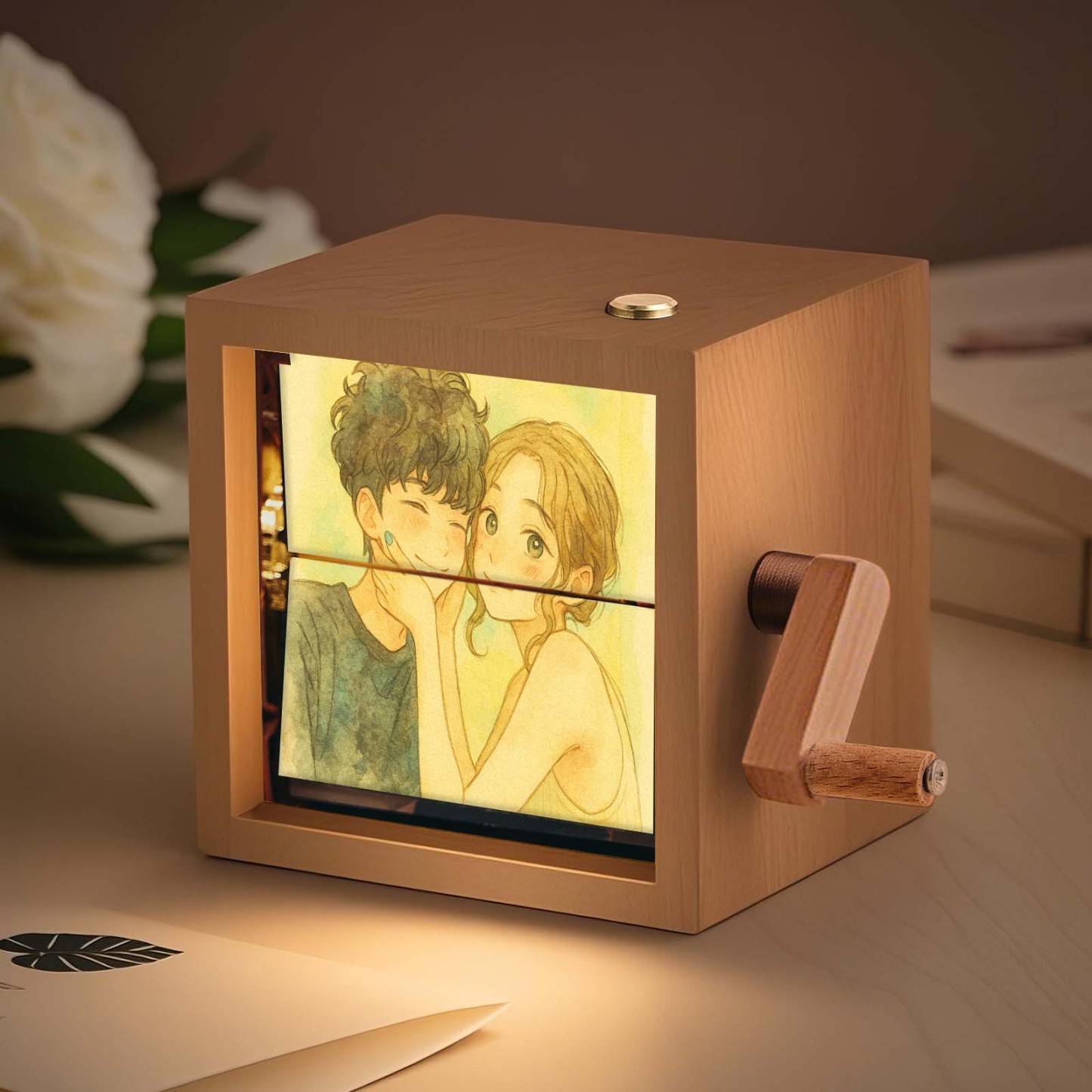 Benutzerdefinierte Flipbook-box Mit Handkurbel, Mechanisches Anime-fotoalbum Mit Hellem Walnuss-baby-fotowürfelrahmen, Kreatives Geschenk - meinemondlampe