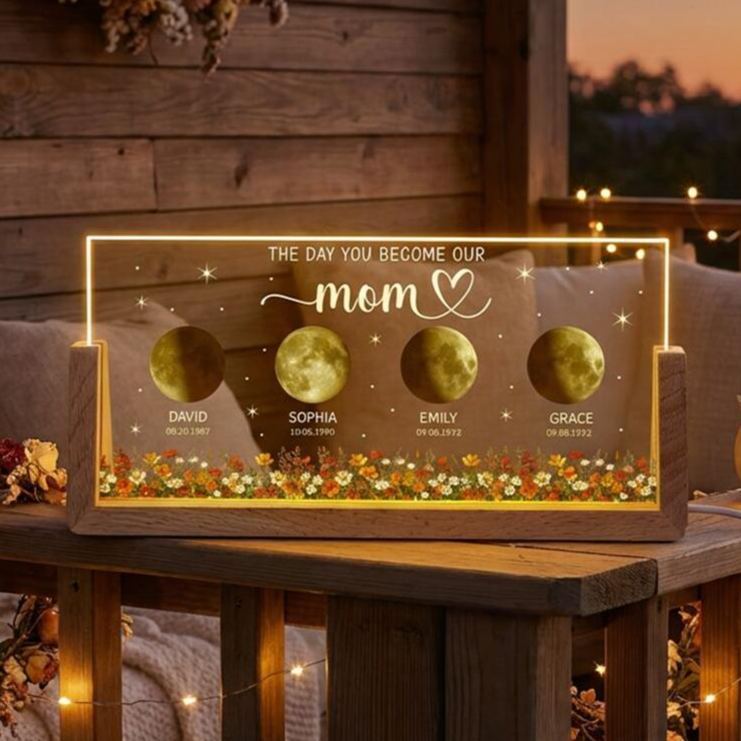 Personalisierte Mondphasen-foto-nachtlampe – Der Tag, An Dem Du Unsere Mama Wurdest – Tolles Geschenk Zum Muttertag - meinemondlampe