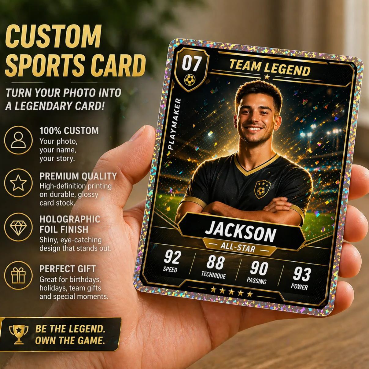 Individuelle Team-legenden-fußballkarte – Holografische Spielerstatistiken, Erinnerungsstück, Personalisiertes All-star-geschenk - meinemondlampe
