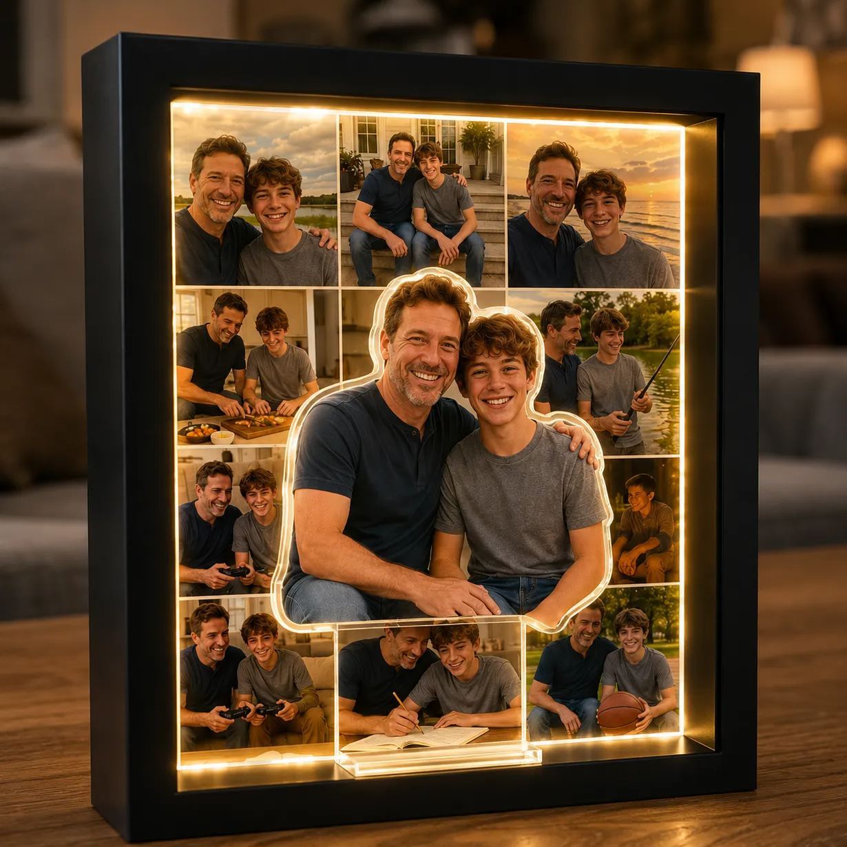 Personalisierter Foto-Lichtkasten, individueller LED-Bilderrahmen mit mehreren Bildern, einzigartiges Familien- und Haustier-Gedenkgeschenk für Vater, Mutter, Jubiläumsgeschenk zum Vatertag - meinemondlampe