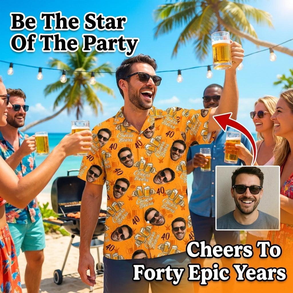 Camisa Hawaiana De Cumpleaños De Cara Personalizada, Camisa Personalizada De Aplausos Y Cervezas Para Hombres, Camisa De Fiesta De Cumpleaños Número 40 Con Foto, Regalos Para Papá - santacalcetines