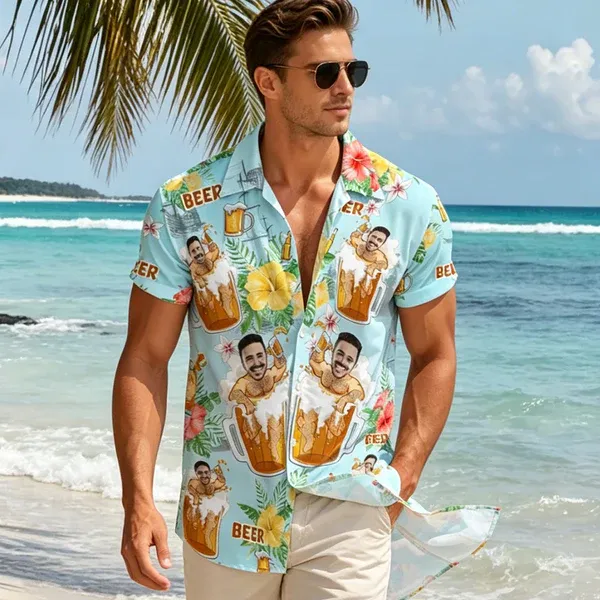 Camisa Hawaiana Con Cara Personalizada, Estampado De Cerveza, Camisa De Playa Aloha Personalizada, Regalo De Fiesta Para Hombres - santacalcetines