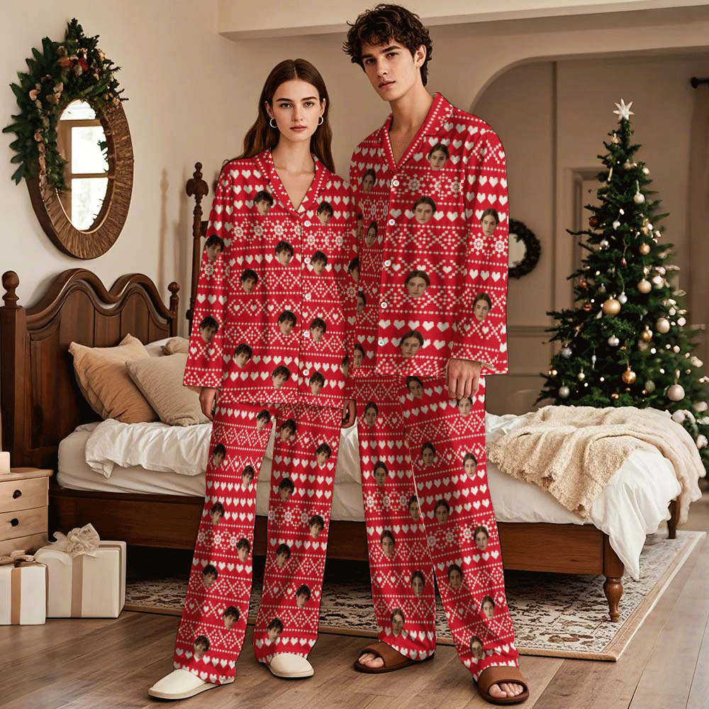 Pijamas De Encargo De La Navidad De La Foto De Los Pijamas Largos De La Ropa De Noche De La Manga De La Cara Personalizada - santacalcetines