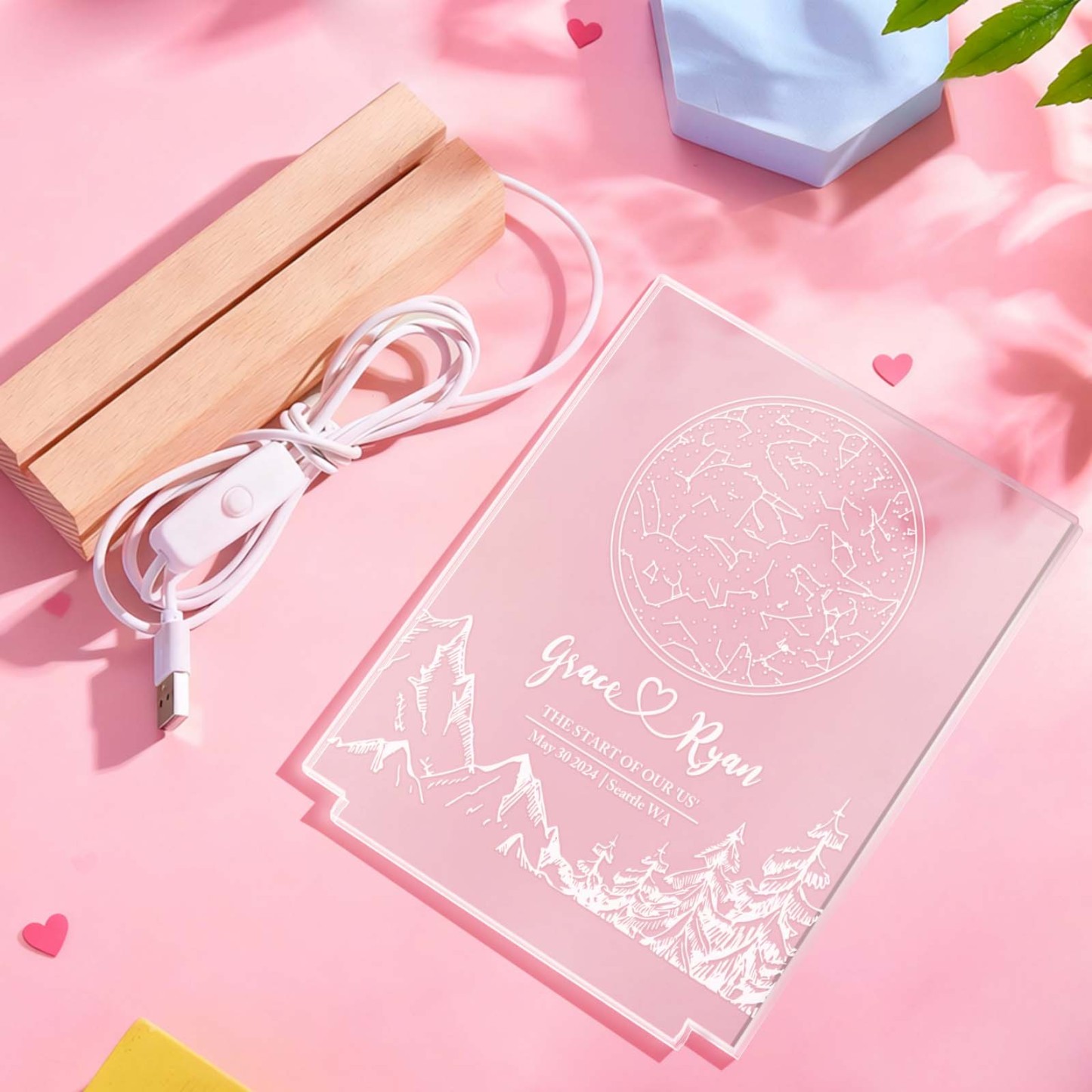 Luz Nocturna Acrílica Personalizada Con Mapa De Luna Y Estrellas: Foto Y Texto Personalizados. Regalo Romántico Para San Valentín. - santacalcetines