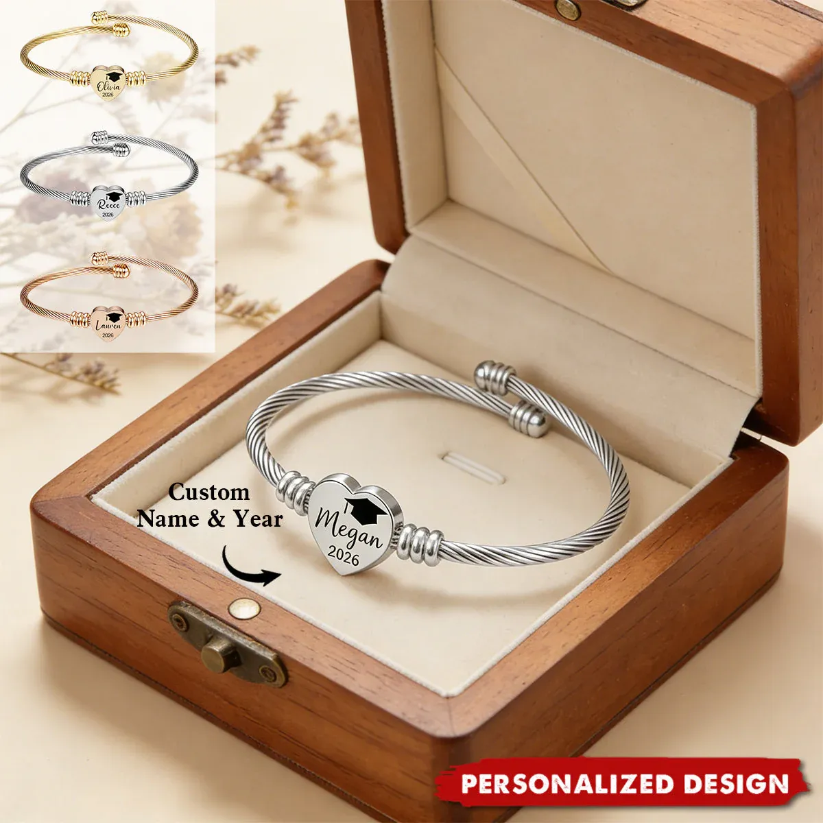 Pulsera De Corazón Personalizada Para Graduación - Regalo Personalizado Con Nombre Y Año Para Ella - santacalcetines