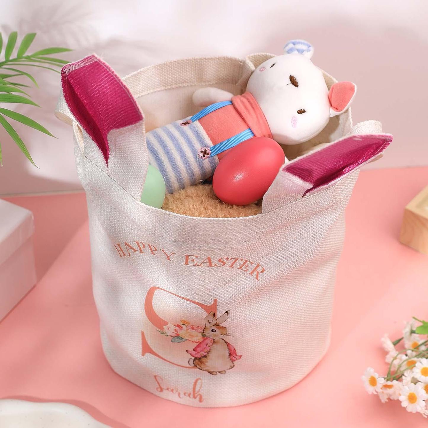 Bolsa De Cubo Personalizada Con Orejas De Conejo Peter Rabbit, Inicial Y Nombre, Cesta De Búsqueda De Huevos De Pascua, Regalo De Fiesta De Cumpleaños Para Niños - santacalcetines