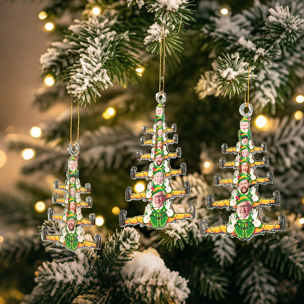 Árbol De Navidad Familiar Divertido Personalizado De Elfos - Adorno Fotográfico Acrílico Personalizado - santacalcetines