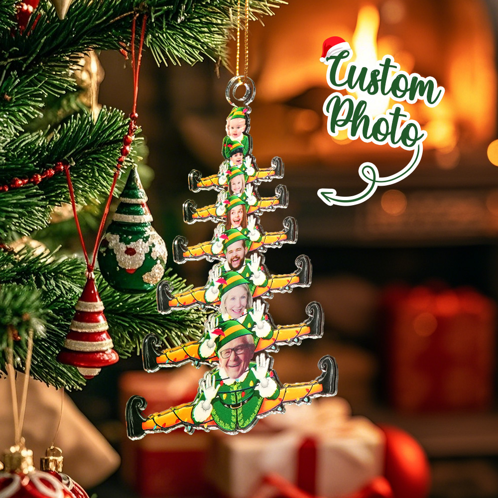 Árbol De Navidad Familiar Divertido Personalizado De Elfos - Adorno Fotográfico Acrílico Personalizado - santacalcetines