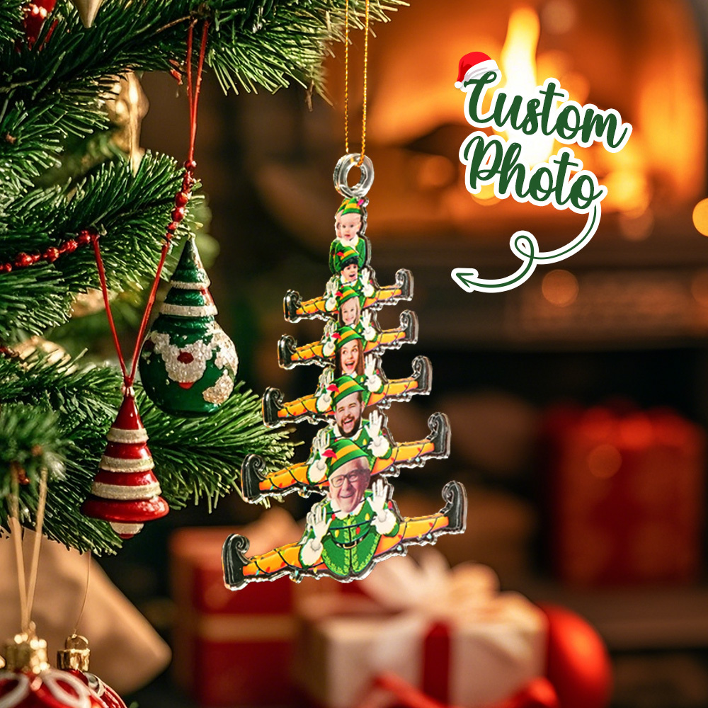 Árbol De Navidad Familiar Divertido Personalizado De Elfos - Adorno Fotográfico Acrílico Personalizado - santacalcetines