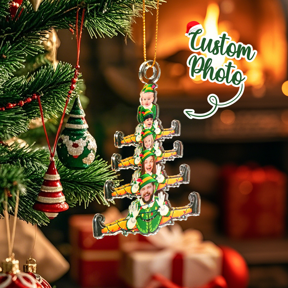 Árbol De Navidad Familiar Divertido Personalizado De Elfos - Adorno Fotográfico Acrílico Personalizado - santacalcetines