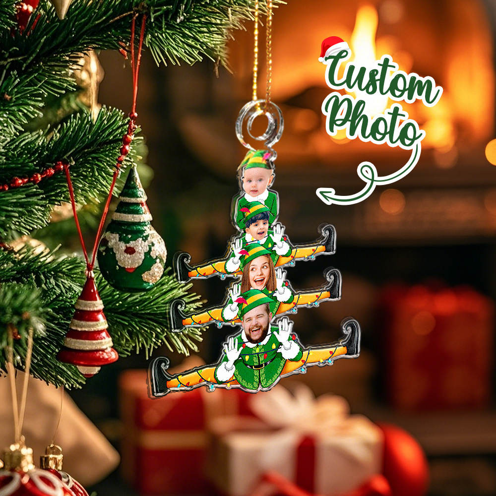 Árbol De Navidad Familiar Divertido Personalizado De Elfos - Adorno Fotográfico Acrílico Personalizado - santacalcetines