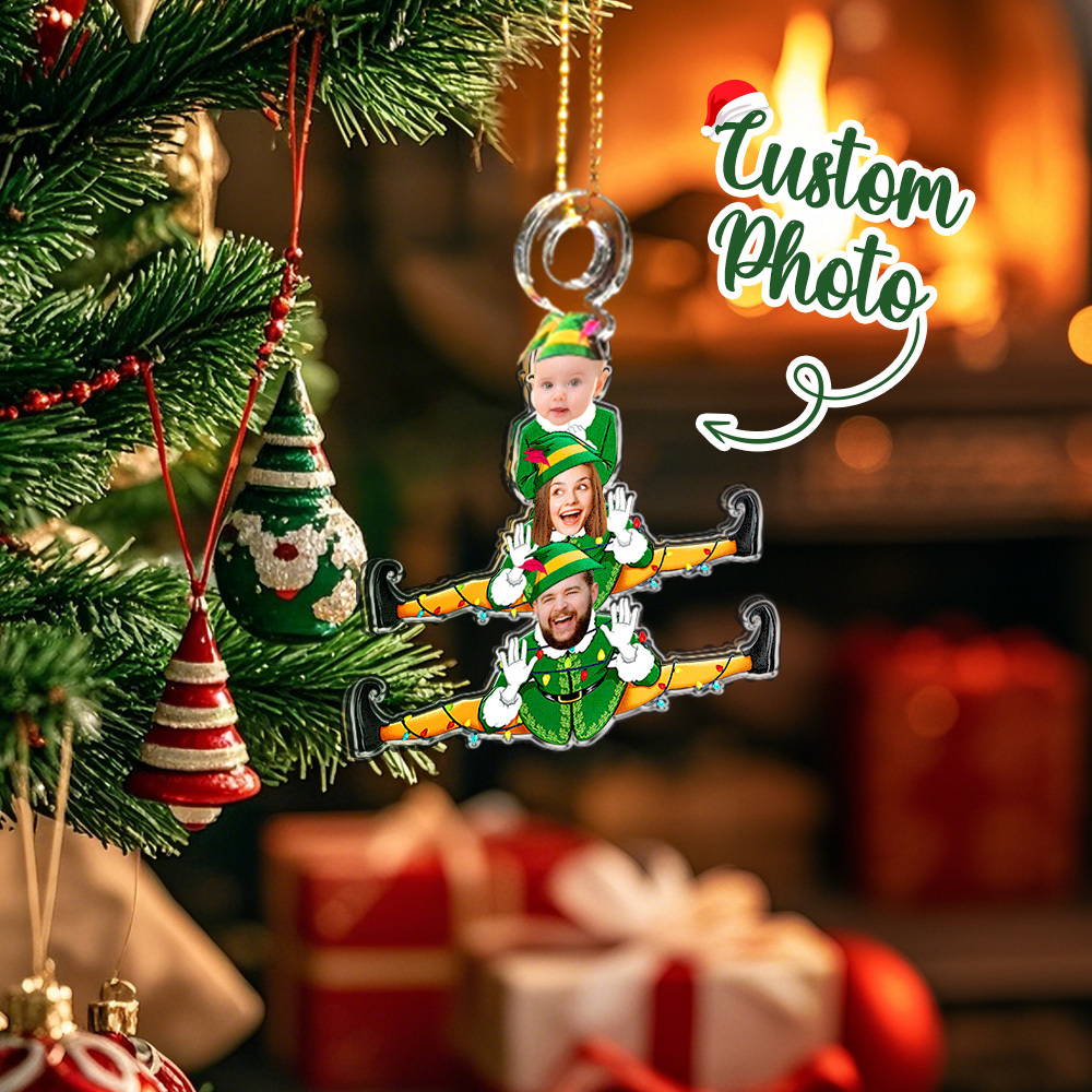 Árbol De Navidad Familiar Divertido Personalizado De Elfos - Adorno Fotográfico Acrílico Personalizado - santacalcetines