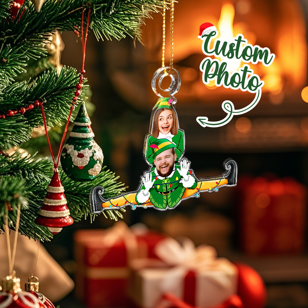 Árbol De Navidad Familiar Divertido Personalizado De Elfos - Adorno Fotográfico Acrílico Personalizado - santacalcetines