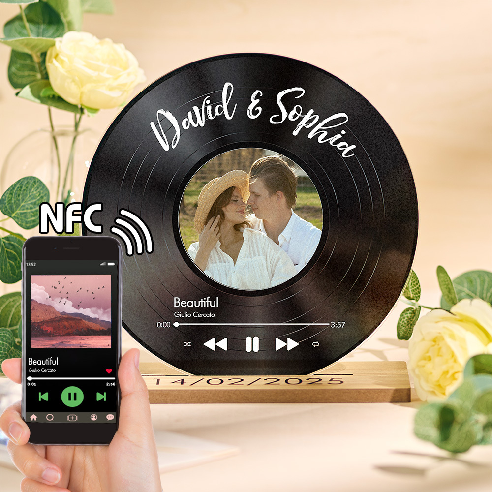 Canción Favorita Personalizada - Disco Acrílico Personalizado Con Soporte De Madera Regalos Nfc - santacalcetines