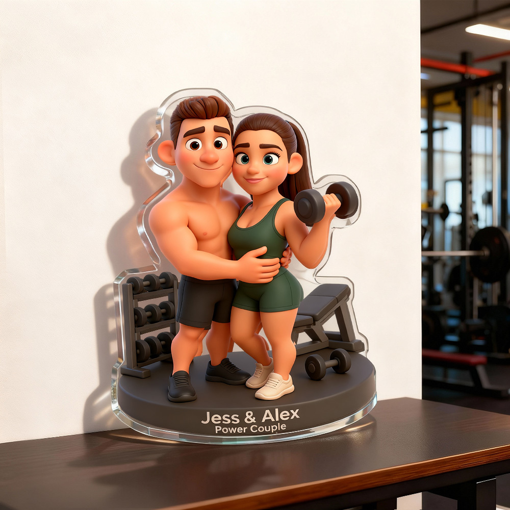Figura De Escritorio Acrílica Con Retrato De Pareja Personalizado Con Temática De Fitness, Estilo Caricatura, Aspecto 2d, Pop 3d - santacalcetines