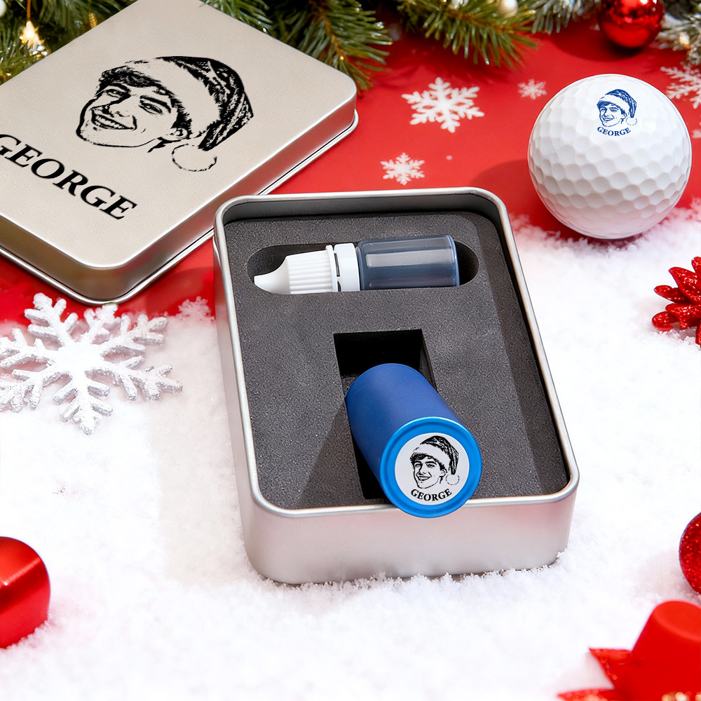 Regalo De Navidad: Sello Personalizado Con Foto Para Pelota De Golf Con Caja Metálica De Almacenamiento Para Jugadores De Golf - santacalcetines