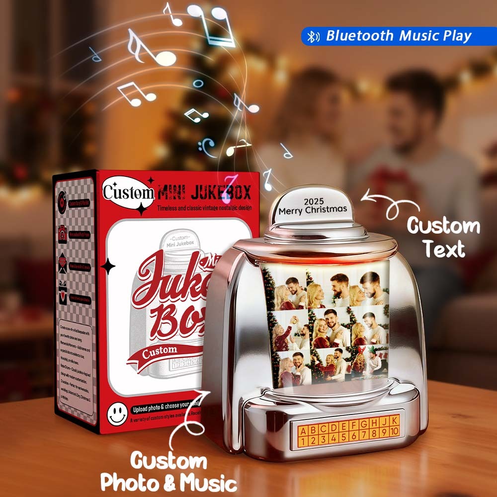 Mini Tocadiscos Retro Personalizado Con Altavoz, 9 Fotos Y Texto, Reproductor De Música Bluetooth, Radio, Decoración Vintage De Mesa, Regalo Navideño Nostálgico - santacalcetines