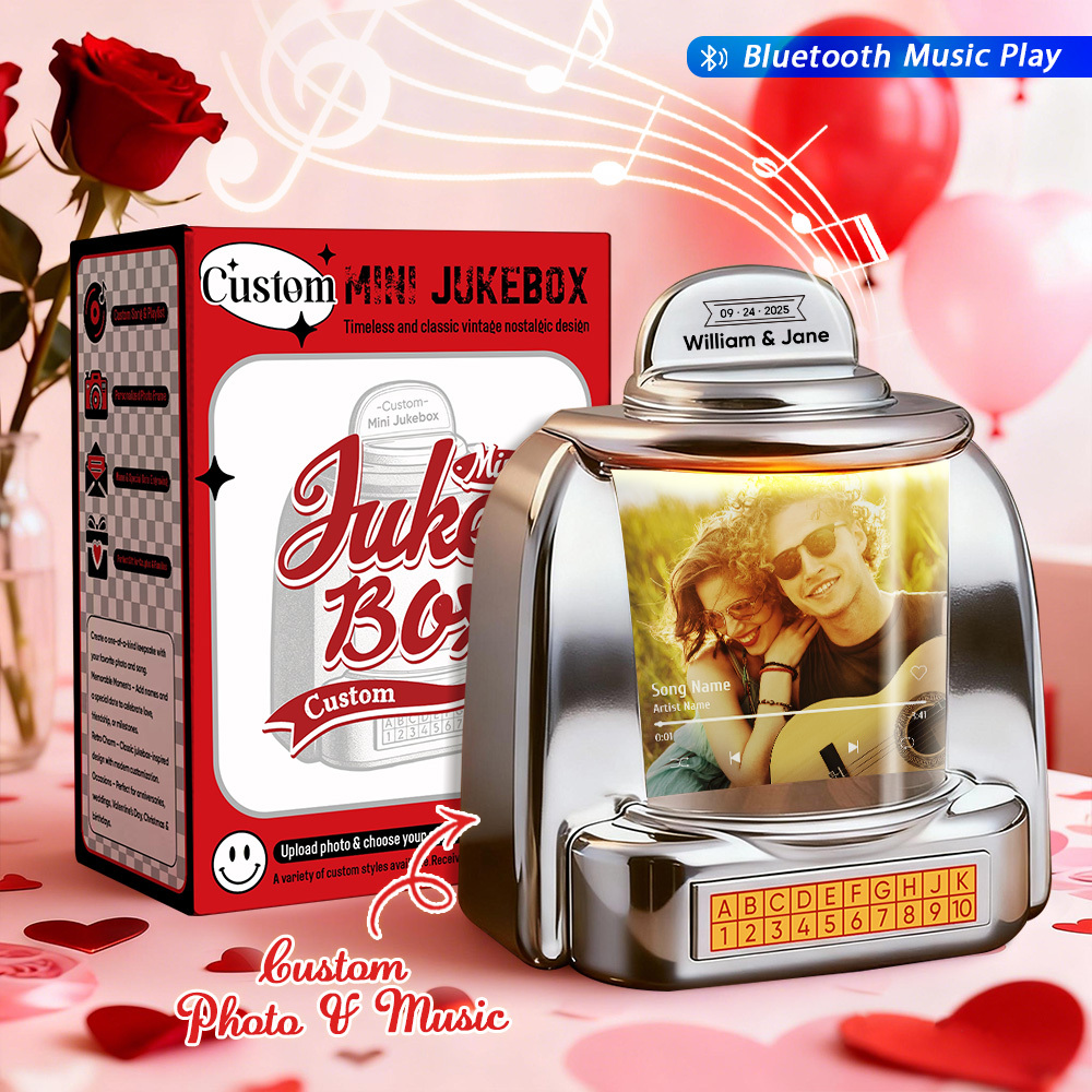 Mini Jukebox Personalizada Con Foto De Tu Pareja Y Reproductor De Música Bluetooth: Regalo De Jukebox Personalizado Para Parejas, Momentos Románticos, Aniversarios, San Valentín Y Decoración Del Hogar. - santacalcetines
