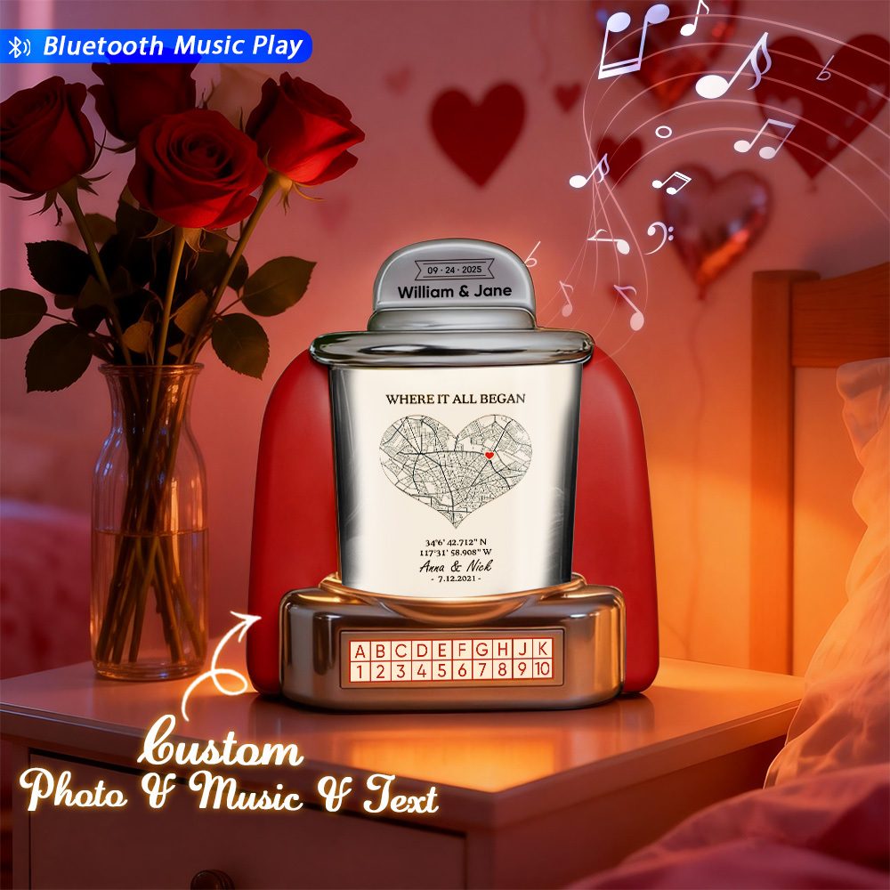 Mini Jukebox Personalizada, Regalo De Amor Personalizado: Mini Jukebox Bluetooth Con Foto, Texto Y Diseño De Ubicación Especial - santacalcetines