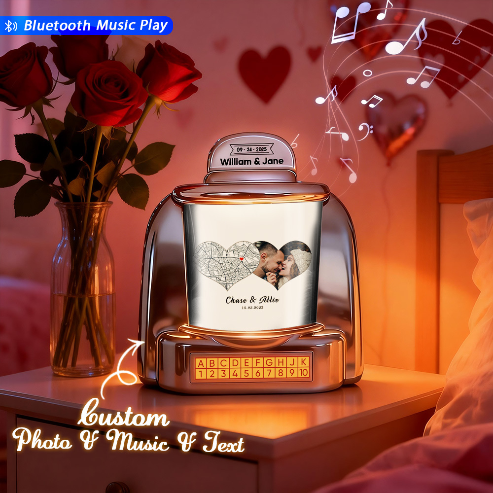Mini Jukebox Personalizada Con Corazones, Regalo De Amor. Mini Jukebox Bluetooth Con Foto, Texto Y Diseño Especial. - santacalcetines
