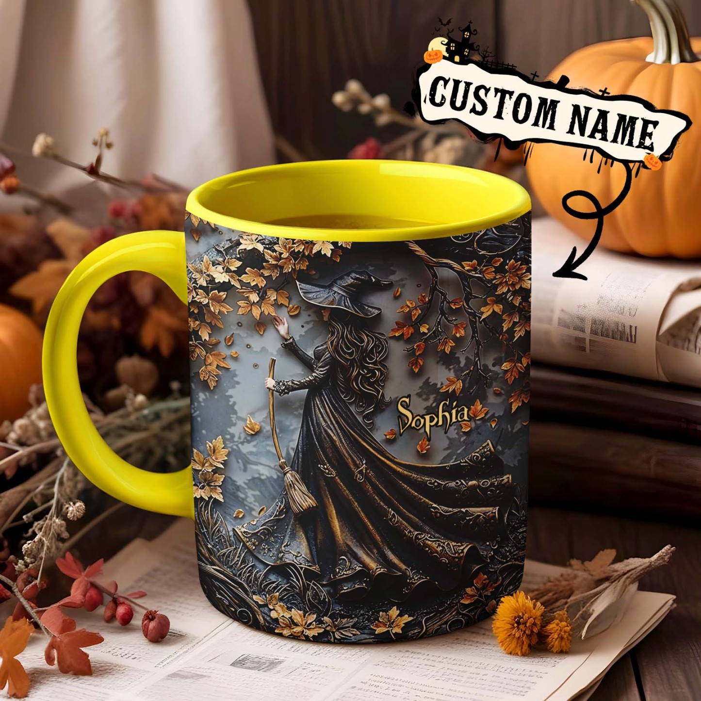Taza Personalizada Con Nombre De Bruja Y Acentos, Hermosa Taza Personalizada De Bruja, Regalos De Halloween - santacalcetines