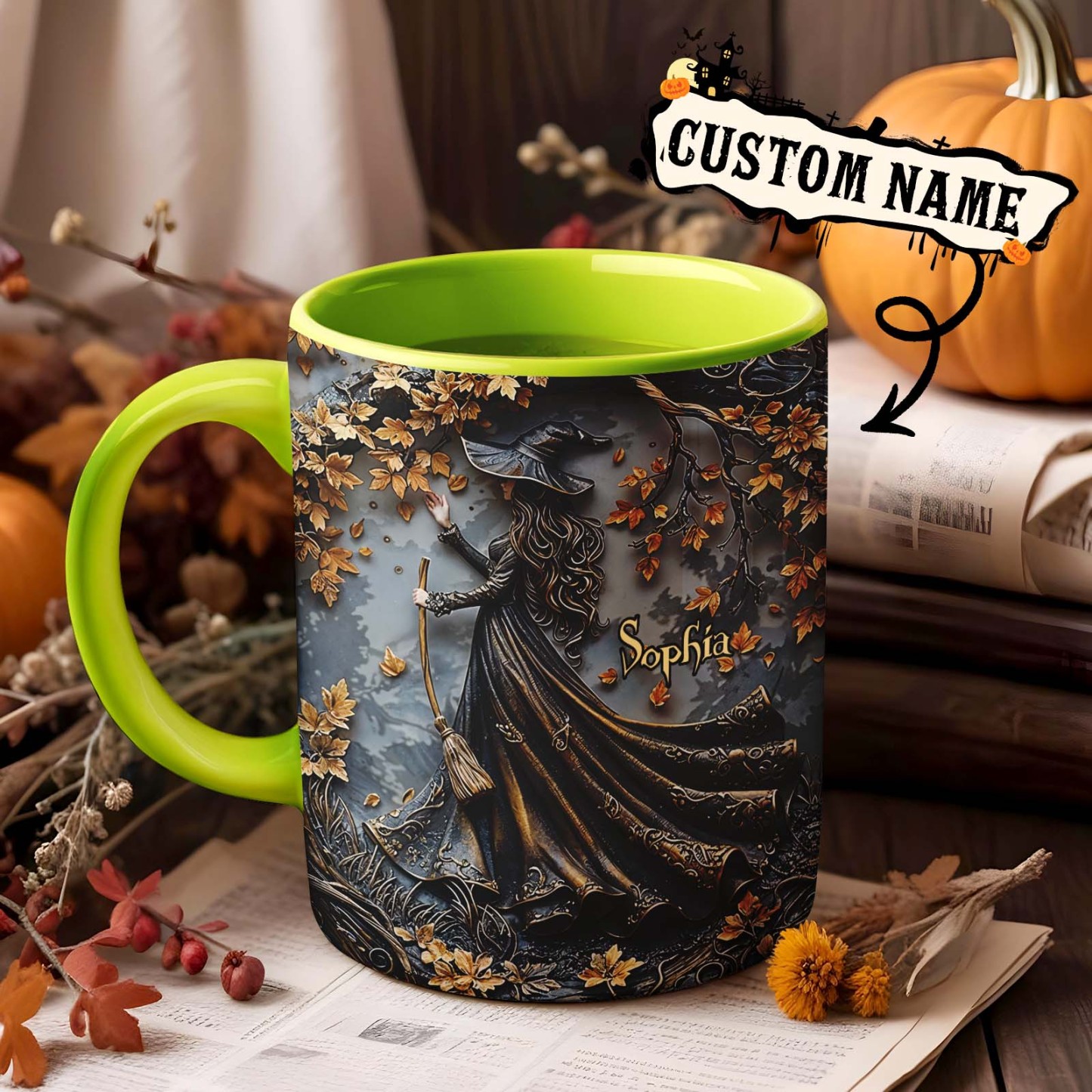 Taza Personalizada Con Nombre De Bruja Y Acentos, Hermosa Taza Personalizada De Bruja, Regalos De Halloween - santacalcetines