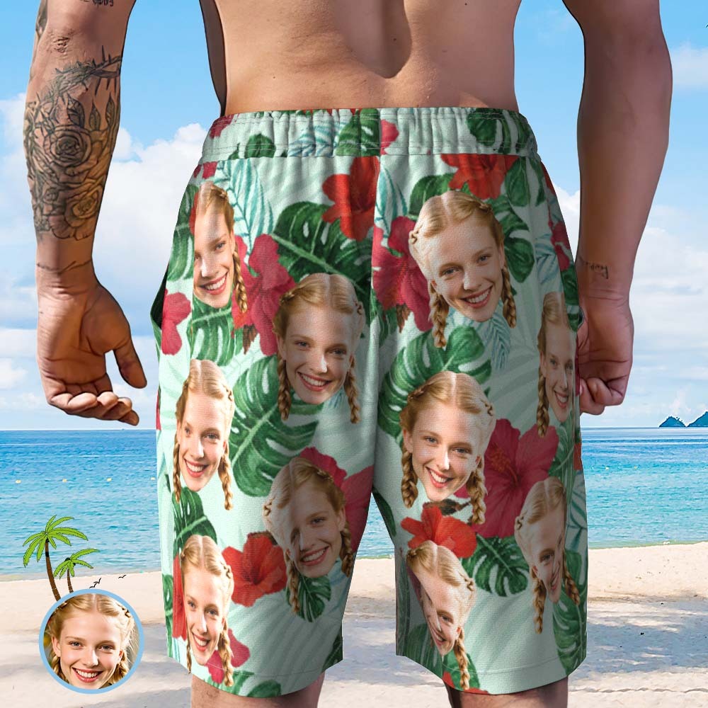 Bañador Corto De Playa Personalizado Para Hombre, Con Foto Personalizada, Estampado Tropical Aleatorio, Para Novio Y Papá. - santacalcetines
