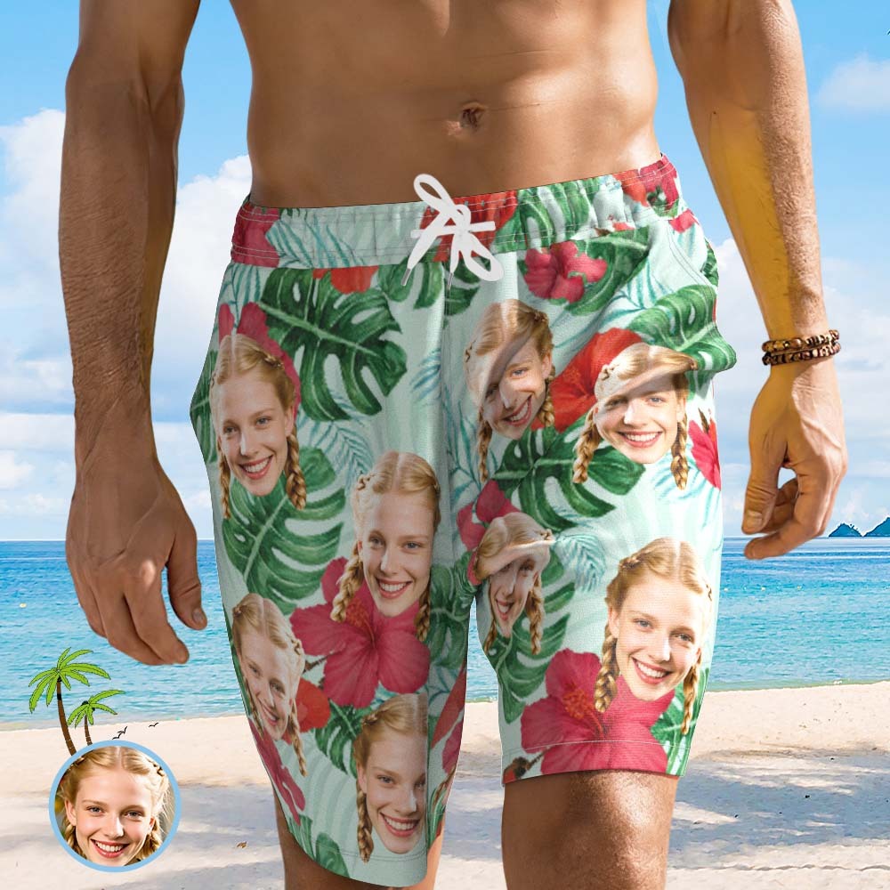 Bañador Corto De Playa Personalizado Para Hombre, Con Foto Personalizada, Estampado Tropical Aleatorio, Para Novio Y Papá. - santacalcetines