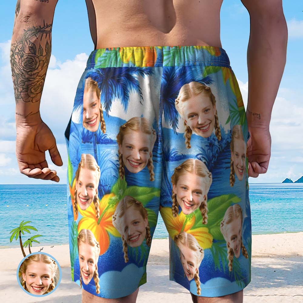 Bañador Corto De Playa Con Foto Personalizada Y Estampado Tropical Al Azar - santacalcetines