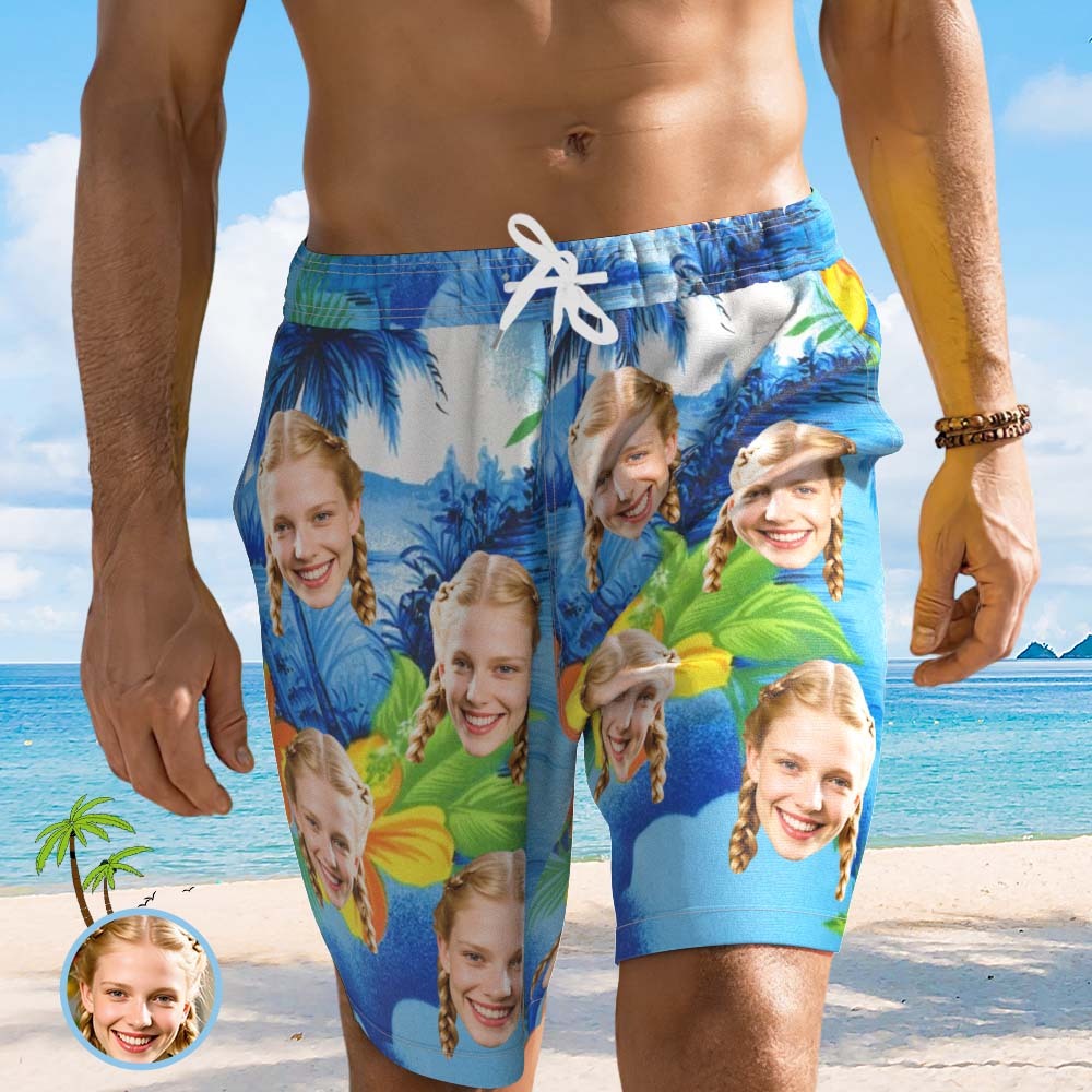 Bañador Corto De Playa Con Foto Personalizada Y Estampado Tropical Al Azar - santacalcetines