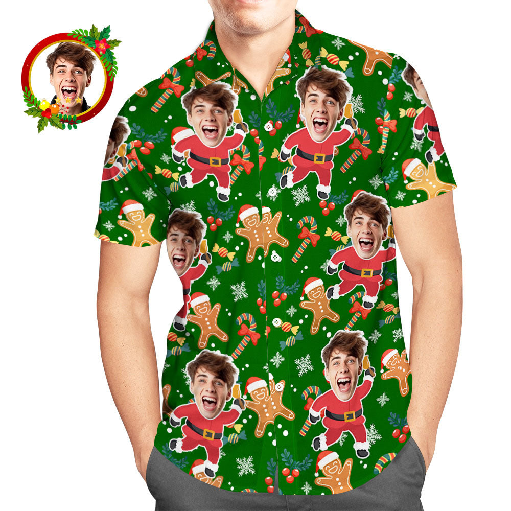 Camisa Hawaiana Con Cara Personalizada, Camisas Navideñas Para Hombre De Papá Noel Y Hombre De Jengibre