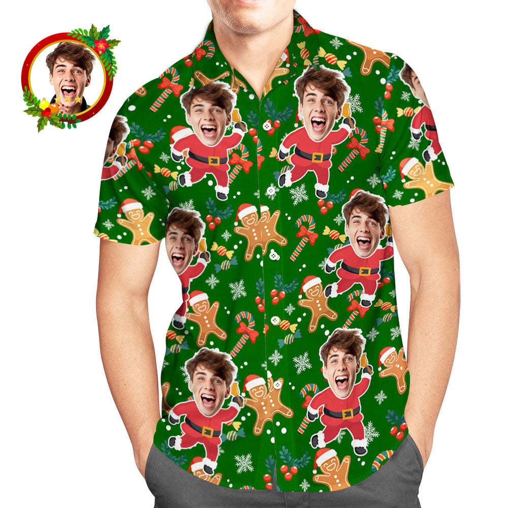 Camisa Hawaiana Con Cara Personalizada, Camisas Navideñas Para Hombre De Papá Noel Y Hombre De Jengibre - santacalcetines