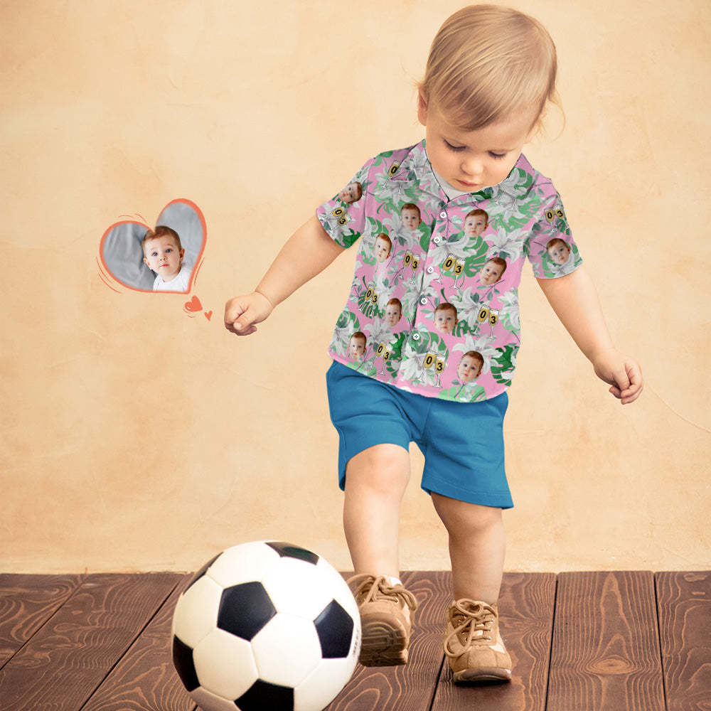 Número De Camisa Hawaiana De Cara De Niño Personalizado En Copa De Vino Mangas Rosadas Y Verdes Cara Camisa Hawaiana Regalo De Cumpleaños - santacalcetines