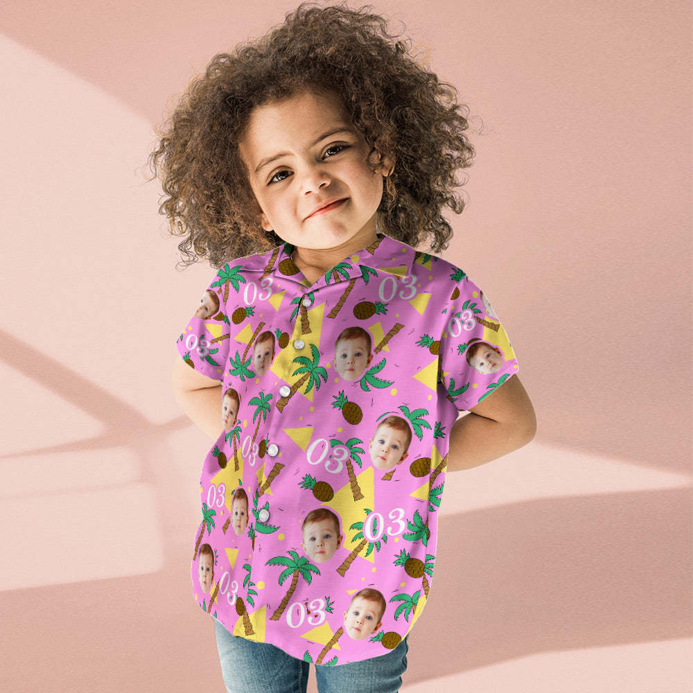 Camiseta Hawaiana Personalizada Con Cara Y Números Multicolores Para Niños, árbol De Coco Y Regalo De Cumpleaños De Piña - santacalcetines